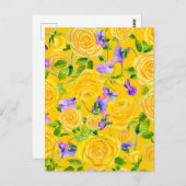 黄色のバラとスミレの花模様 ポストカード (正面/裏面)