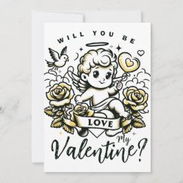 黄色のバラとハトのバレンタインデーのキューピッド シーズンカード