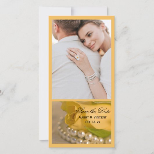 黄色のバラと白の真珠の結婚式の日付を保存 セーブザデート (正面)