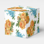 黄色のバラと青い花の模様のパーティーファーボックス フェイバーボックス (正面サイド)