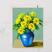 黄色のバラと青い花瓶ボホアート ポストカード (正面/裏面)