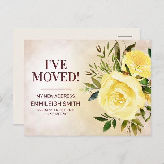 黄色のバラのフローラの葉の変更アドレス 案内ポストカード (正面/裏面)