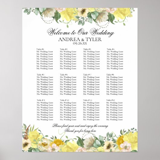 黄色のバラのフローラシーティングチャート ポスター (正面)