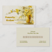 黄色のバラの水彩付きヴィンテージ花瓶 名刺 (正面/裏面)
