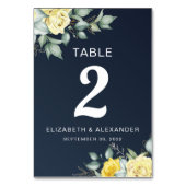 黄色のバラの水色フローラネイビー結婚ブルー テーブルナンバー (裏面)