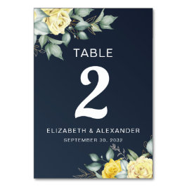 黄色のバラの水色フローラネイビー結婚ブルー テーブルナンバー