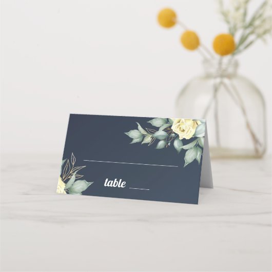黄色のバラの水色ロマンチックなネイビーブルーフローラ プレイスカード (正面)