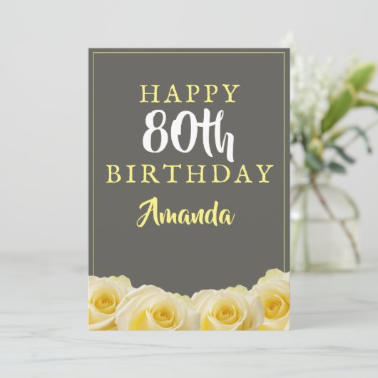 黄色のバラの花の花束 80歳の誕生日カード (スタンド正面)