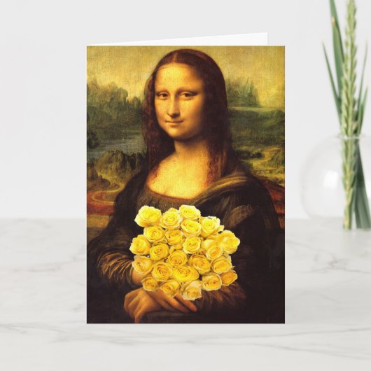 黄色のバラの花束を持つモナリザ カード (正面)
