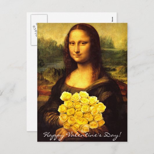 黄色のバラの花束を持つモナリザ シーズンポストカード (正面/裏面)
