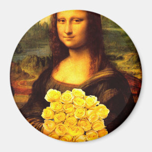 黄色のバラの花束を持つモナリザ マグネット