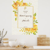 黄色のバラパーソナライズされた名ハルディ歓迎サイン ポスター (キッチン)