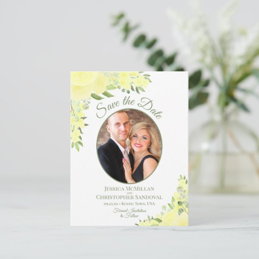 黄色のバラ楕円形の写真ボホウェディング日付を保存 案内ポストカード (スタンド正面)