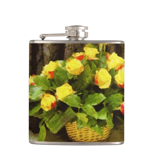 黄色のバラ絵を描のバスケット フラスク (正面)