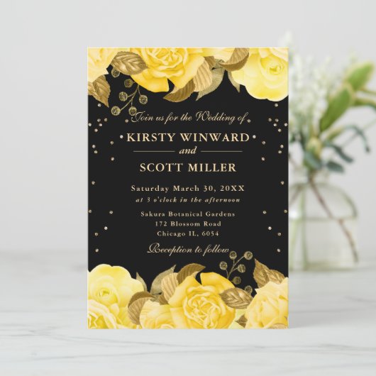 黄色のバラ縁どスフローラ結婚ズ 招待状 (スタンド正面)