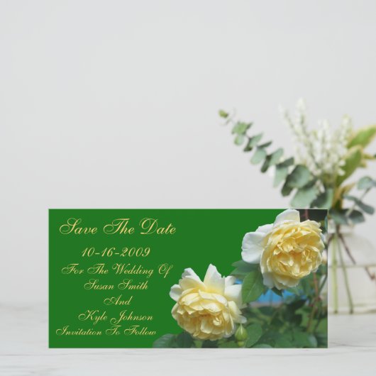 黄色のバラ花結婚式の日付を保存 セーブザデート (スタンド正面)