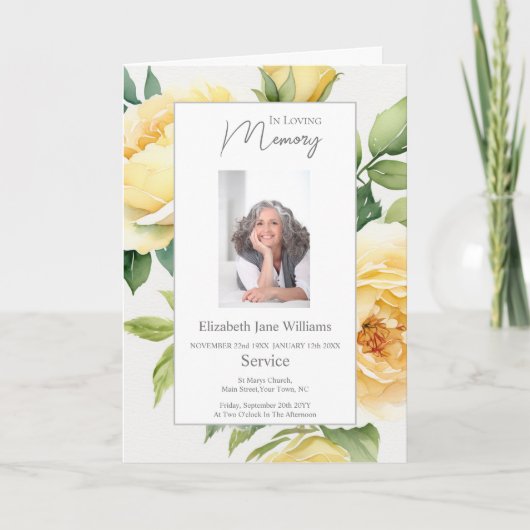 黄色のバラ葬儀写真奉仕順 カード (正面)