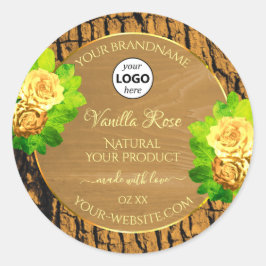 黄色のバラ製品ラベルウッドツリーの樹皮とロゴ ラウンドシール