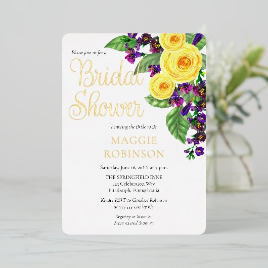 黄色のバラ |ヴァイオレットボホフローラブライダルシャワー 箔招待状 (立ち正面)