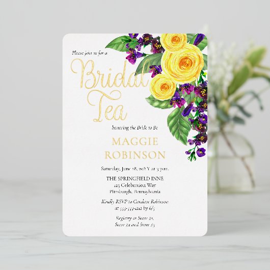 黄色のバラ |ヴァイオレットボホフローラブライダルティーフォイル 箔招待状 (立ち正面)