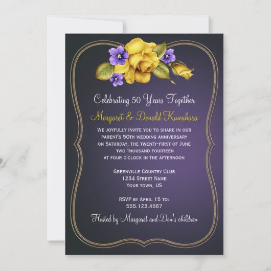 黄色のバラ 紫のスミレ 金色の豪華な額縁 招待状 (正面)