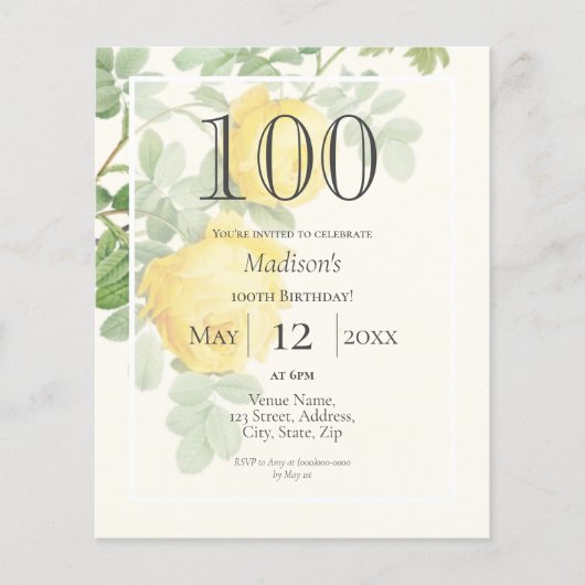 黄色のバラ | 100th予算誕生日招待状 (正面)