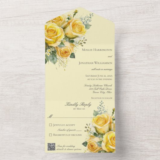 黄色のバラQRコードすべて1つの結婚式の招待 オールインワン招待状 (内側)