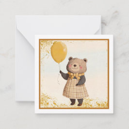 黄色のバルーンと黄色の格子模様のドレスにクマ ノートカード