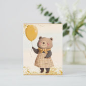 黄色のバルーンと黄色の格子模様のドレスにクマ ポストカード (スタンド正面)