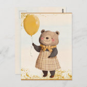 黄色のバルーンと黄色の格子模様のドレスにクマ ポストカード (正面/裏面)