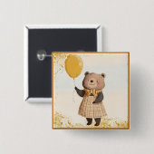 黄色のバルーンと黄色の格子模様のドレスにクマ 缶バッジ (正面&裏面)