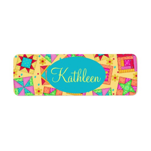 黄色のパッチワークキルトブロックアーパーソナライズされたト ラベル (正面)