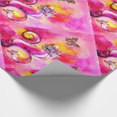 黄色のピンクのお洒落花、金ゴールド蝶 ラッピングペーパー (角)