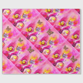 黄色のピンクのお洒落花、金ゴールド蝶 ラッピングペーパー (フラット)