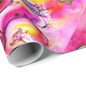 黄色のピンクのお洒落花、金ゴールド蝶 ラッピングペーパー (ロールコーナー)