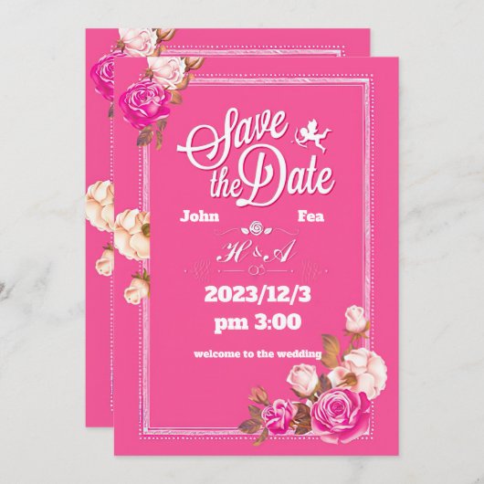 黄色のピンクのバラと愛の天使 招待状 (正面/裏面)