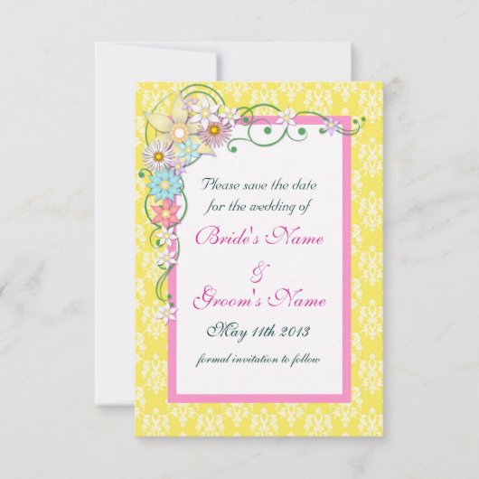 黄色のピンクのフローラ春の結婚式日付の保存 セーブザデート (正面)