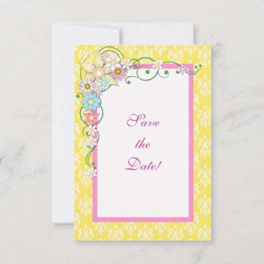 黄色のピンクのフローラ春の結婚式日付の保存 セーブザデート (裏面)