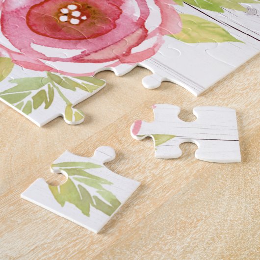 黄色のピンクのフローラ水の色の素朴な白い木 ジグソーパズル (側面)