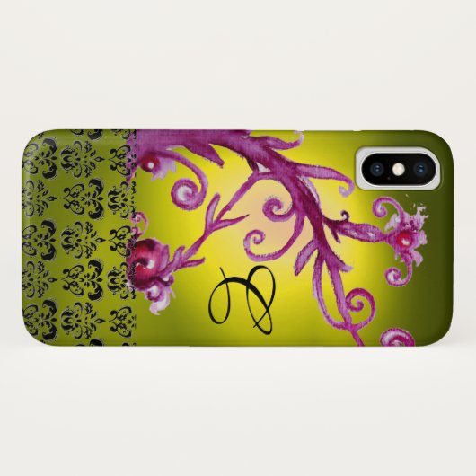 黄色のピンクのフローラ渦巻き、果実ダマスクモノグラム Case-Mate iPhoneケース (裏面(横))