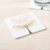 黄色のピンクの花の鳥のブライダルシャワーの感謝祭 スクエアペーパーコースター (アングル)