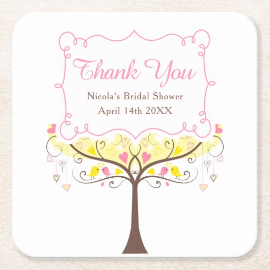 黄色のピンクの花の鳥のブライダルシャワーの感謝祭 スクエアペーパーコースター (正面)