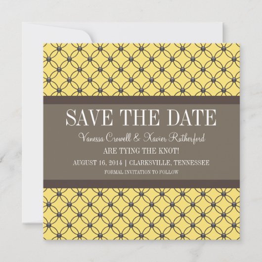 黄色のファンシーラティス日付の保存招待状 セーブザデート (正面)