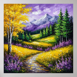 黄色のフィールド、花、雪をかぶった山々 ポスター