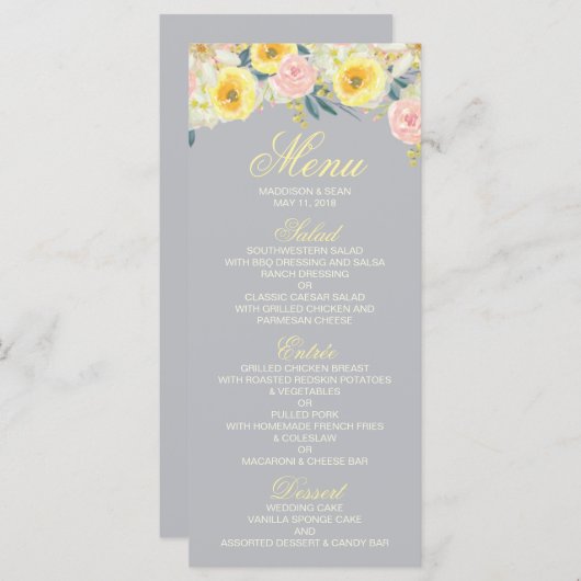 黄色のフローラとグレー結婚のメニューカード メニュー (正面/裏面)