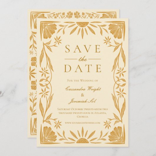黄色のフローラとサンシャインウェディング日付を保存 招待状 (正面/裏面)
