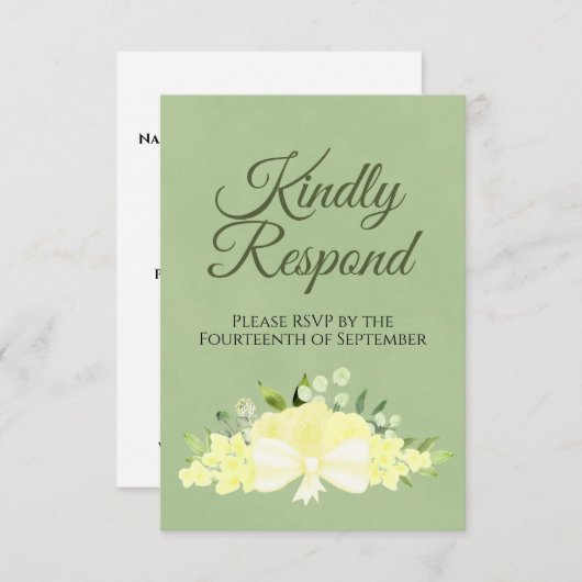 黄色のフローラのセージ緑の親切に対応結婚する 出欠カード (正面/裏面)