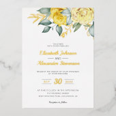 黄色のフローラの上品な緑のロマン結婚ティック 箔招待状 (正面)