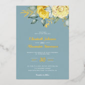 黄色のフローラの上品な緑の埃の結婚多い青 箔招待状 (正面)