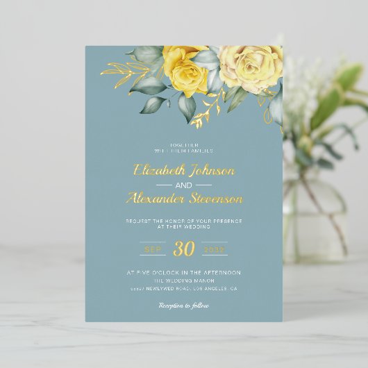 黄色のフローラの上品な緑の埃の結婚多い青 箔招待状 (立ち正面)